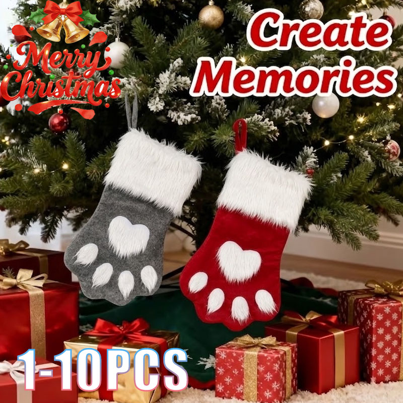 Christmas Stocking Hanging - 1-10PCS Christmas Pet Paw Stocking Red
